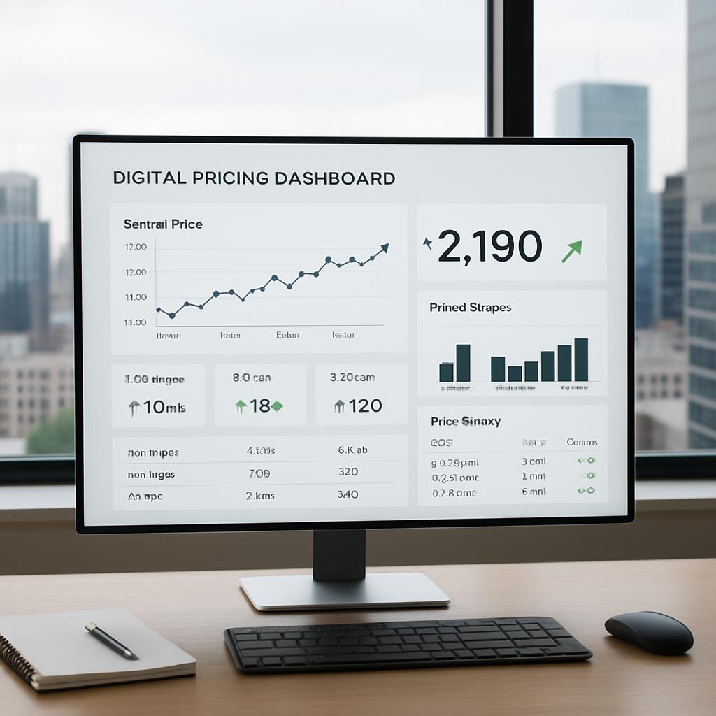 Computer monitor displaying digital pricing dashboard, sitting on office desk with skyline view in the background.