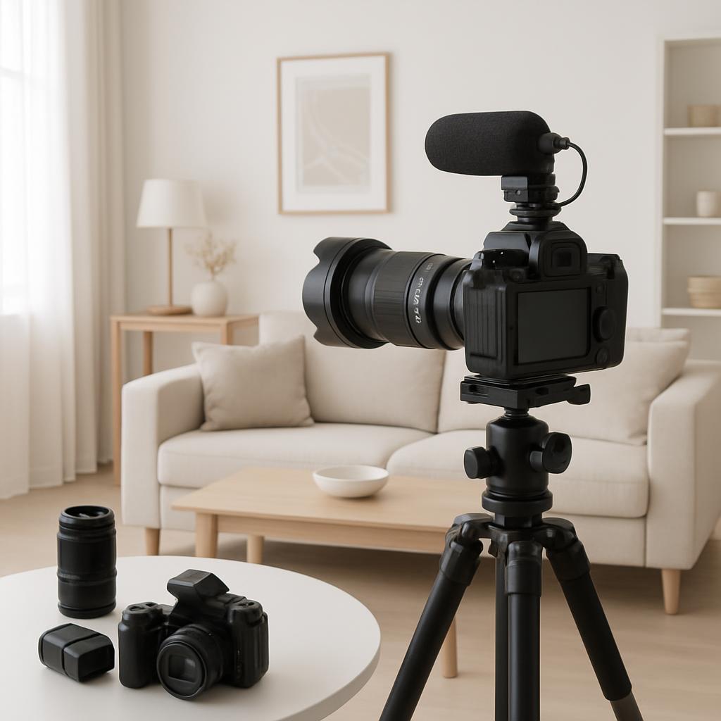 A living room with a camera on a tripod in the foreground on the right side of the image. The tripod is dark gray and the ...