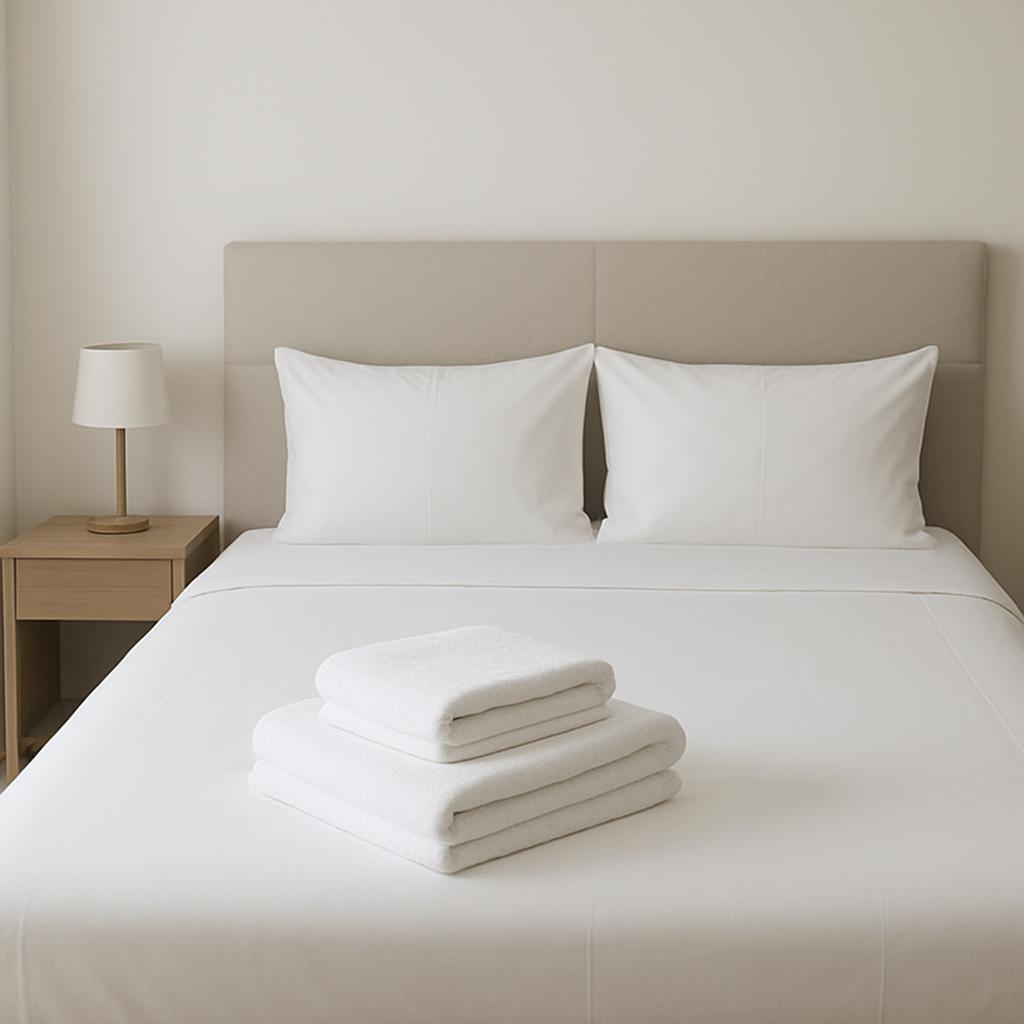 A neatly made bed featuring a double bed with white sheets, two white pillowcases on top of a beige headboard, a folded st...